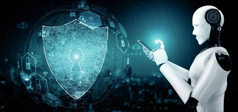 MLP AI robot using cyber security to protect information privacy Illustrazione stock