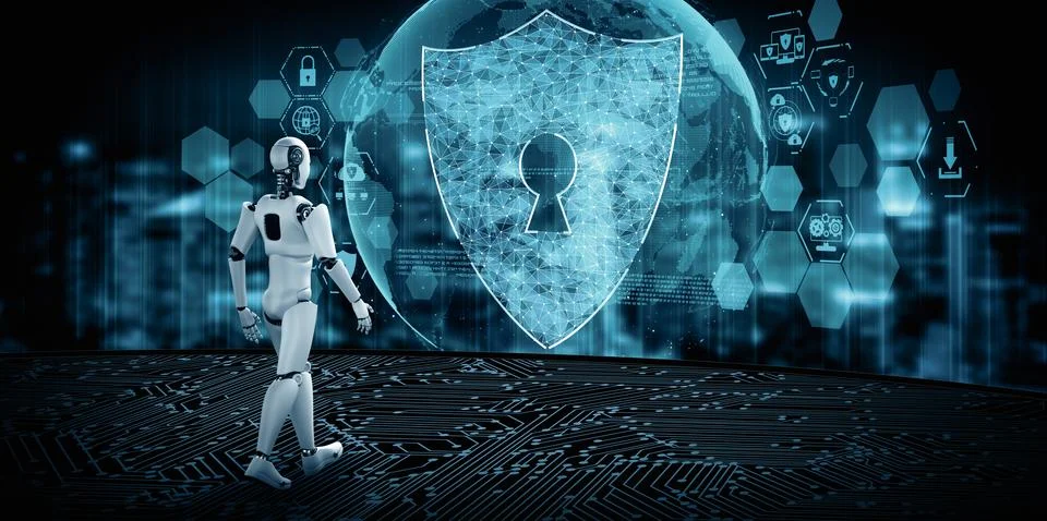 MLP AI robot using cyber security to protect information privacy Illustrazione stock