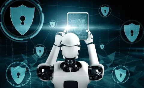 MLP AI robot using cyber security to protect information privacy Illustrazione stock