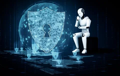 MLP AI robot using cyber security to protect information privacy Illustrazione stock