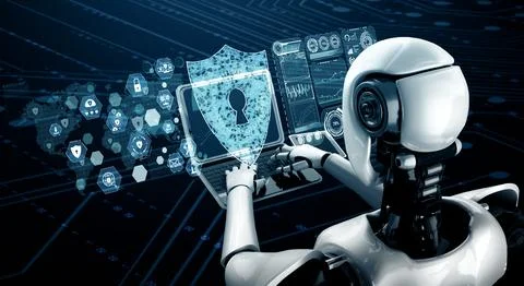 MLP AI robot using cyber security to protect information privacy Illustrazione stock