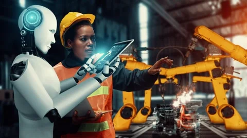 MLP Cybernated industry robot and human worker working together in future Stock Footage 274331603