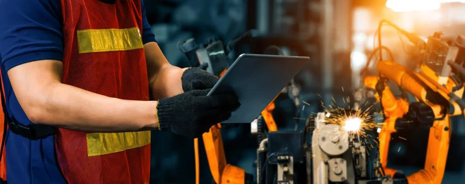 MLP Engineer use advanced robotic software to control industry robot arm in 스톡 사진