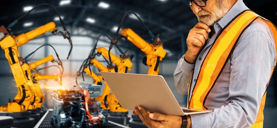 MLP Engineer use advanced robotic software to control industry robot arm in 스톡 사진
