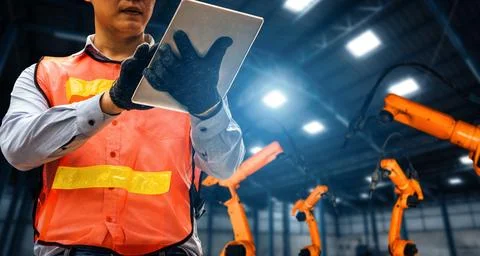 MLP Engineer use advanced robotic software to control industry robot arm in 스톡 사진
