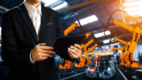 MLP Engineer use advanced robotic software to control industry robot arm in 스톡 사진