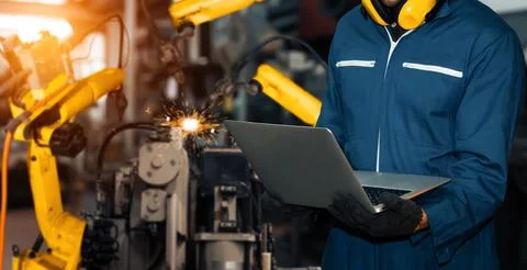 MLP Engineer use advanced robotic software to control industry robot arm in 스톡 사진