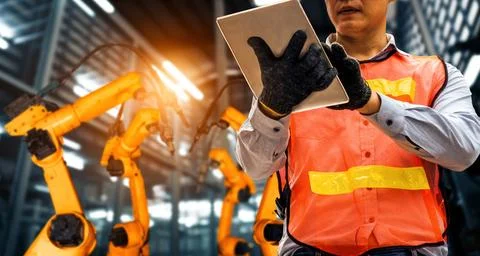 MLP Engineer use advanced robotic software to control industry robot arm in 스톡 사진