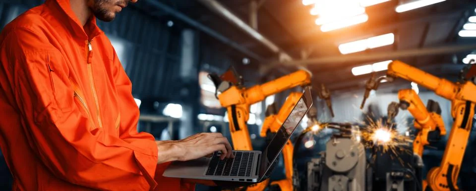 MLP Engineer use advanced robotic software to control industry robot arm in 写真素材
