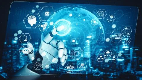 MLP Future artificial intelligence and machine learning for AI droid robot or Illustrazione stock