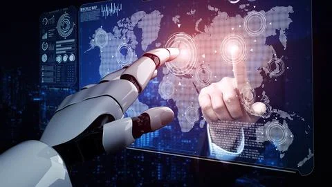 MLP Future artificial intelligence robot and cyborg. Illustrazione stock
