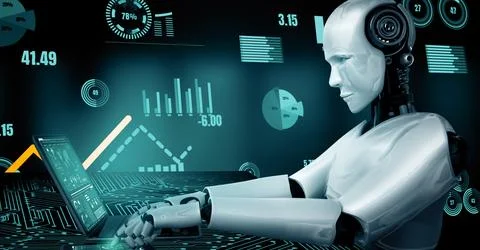 MLP Future financial technology controll by AI robot huminoid uses machine Illustrazione stock