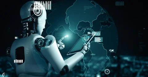 MLP Future financial technology controll by AI robot huminoid uses machine Stockillustratie
