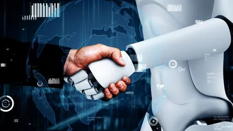 MLP Future financial technology controll by AI robot huminoid uses machine Illustrazione stock