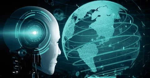 MLP Future financial technology controll by AI robot huminoid uses machine Ilustración de archivo