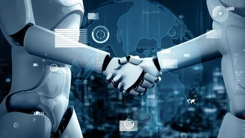 MLP Future financial technology controll by AI robot huminoid uses machine Stock Illustration