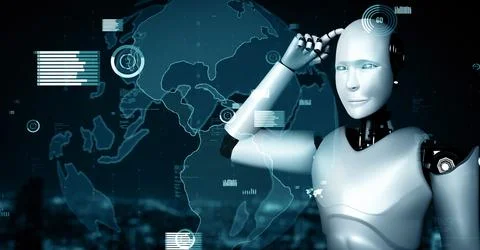 MLP Future financial technology controll by AI robot huminoid uses machine Illustrazione stock