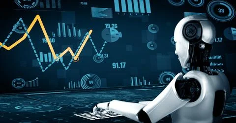 MLP Future financial technology controll by AI robot huminoid uses machine Illustrazione stock