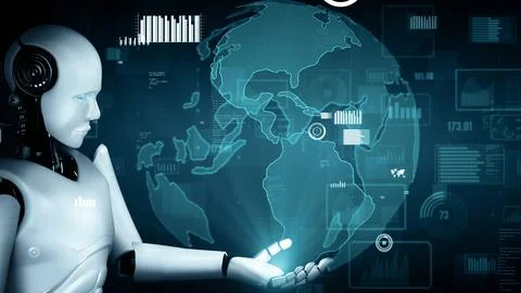MLP Future financial technology controll by AI robot huminoid uses machine Illustrazione stock