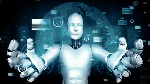 MLP Future financial technology controll by AI robot huminoid uses machine Illustrazione stock