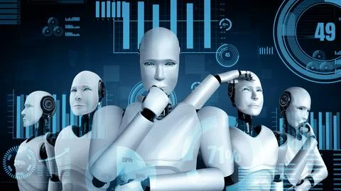 MLP Future financial technology controll by AI robot huminoid uses machine Ilustración de archivo