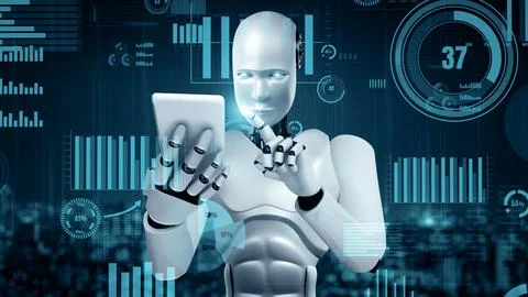 MLP Future financial technology controll by AI robot huminoid uses machine Illustrazione stock
