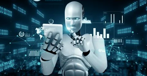 MLP Future financial technology controll by AI robot huminoid uses machine Illustrazione stock