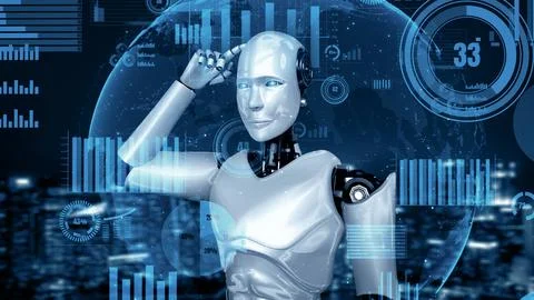 MLP Future financial technology controll by AI robot huminoid uses machine Illustrazione stock