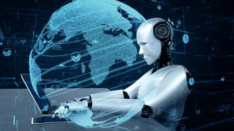 MLP Future financial technology controll by AI robot huminoid uses machine Illustrazione stock