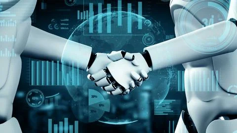 MLP Future financial technology controll by AI robot huminoid uses machine Illustrazione stock