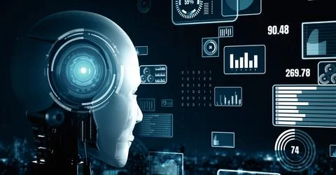 MLP Future financial technology controll by AI robot huminoid uses machine Illustrazione stock