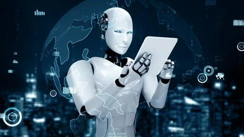 MLP Future financial technology controll by AI robot huminoid uses machine Illustrazione stock