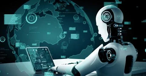 MLP Future financial technology controll by AI robot huminoid uses machine Illustrazione stock