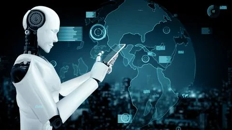 MLP Future financial technology controll by AI robot huminoid uses machine Illustrazione stock