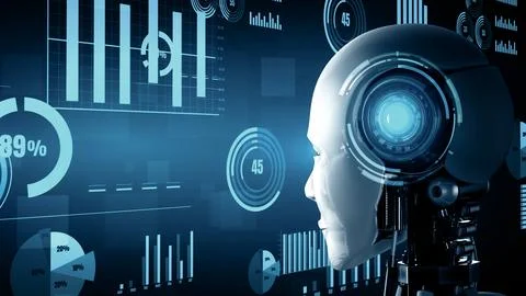 MLP Future financial technology controll by AI robot huminoid uses machine Illustrazione stock