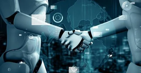 MLP Future financial technology controll by AI robot huminoid uses machine Illustrazione stock