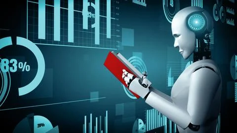 MLP Future financial technology controll by AI robot huminoid uses machine Illustrazione stock