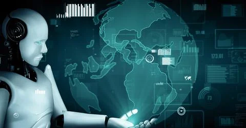 MLP Future financial technology controll by AI robot huminoid uses machine Stock Illustration