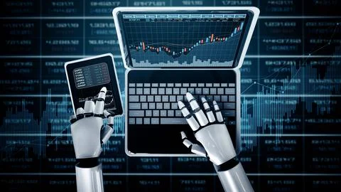 MLP Future financial technology controlled by AI robot using machine learning Stock Illustration
