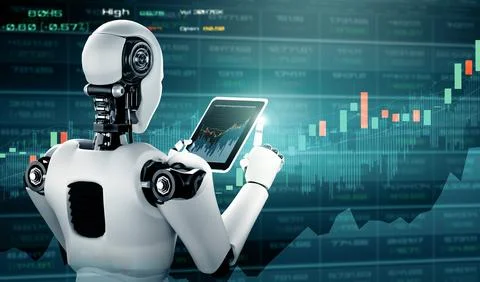 MLP Future financial technology controlled by AI robot using machine learning Stock Illustration