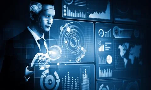 MLP Futuristic AI thinking of droid robot artificial intelligence concept Stockillustratie
