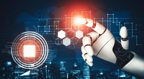 MLP Futuristic AI thinking of droid robot artificial intelligence concept Stockillustratie