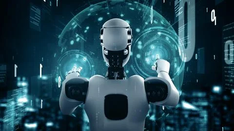 MLP Futuristic robot artificial intelligence huminoid AI programming coding Stock-Illustration