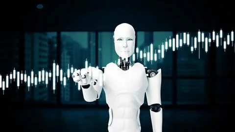 MLP Futuristic robot, artificial intelligence CGI for stock exchange market Illustrazione stock