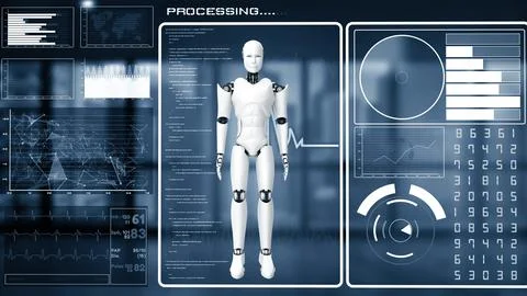 MLP Futuristic robot, artificial intelligence CGI big data analytics and Illustrazione stock