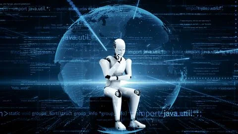 MLP Futuristic robot artificial intelligence huminoid AI programming coding Illustrazione stock