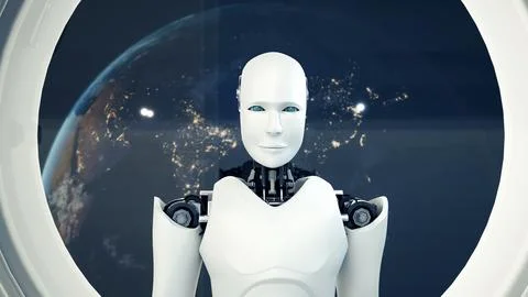 MLP Futuristic robot, artificial intelligence CGI inside spaceship in space 库存插图