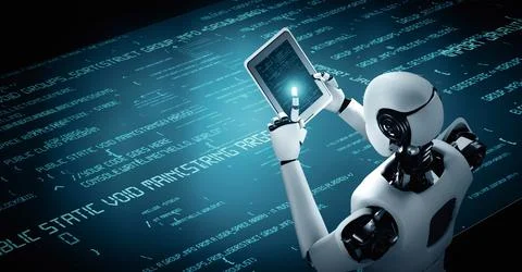 MLP Futuristic robot artificial intelligence huminoid AI programming coding Stock Illustration