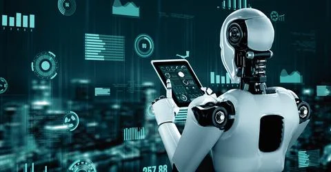 MLP Futuristic robot artificial intelligence huminoid AI for industrial factory Stock Illustration