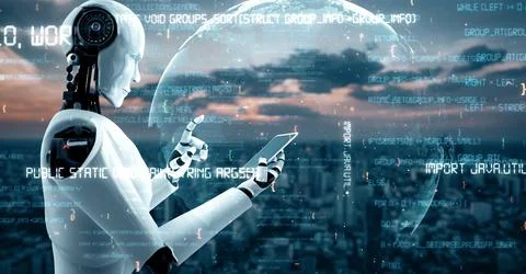 MLP Futuristic robot artificial intelligence huminoid AI programming coding Illustrazione stock